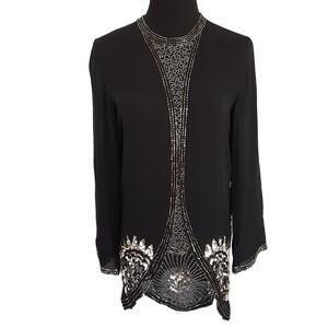 Vintage 1980s 100% Silk Tunic Blouse Black Beaded Statement Collar Long Sleeve S